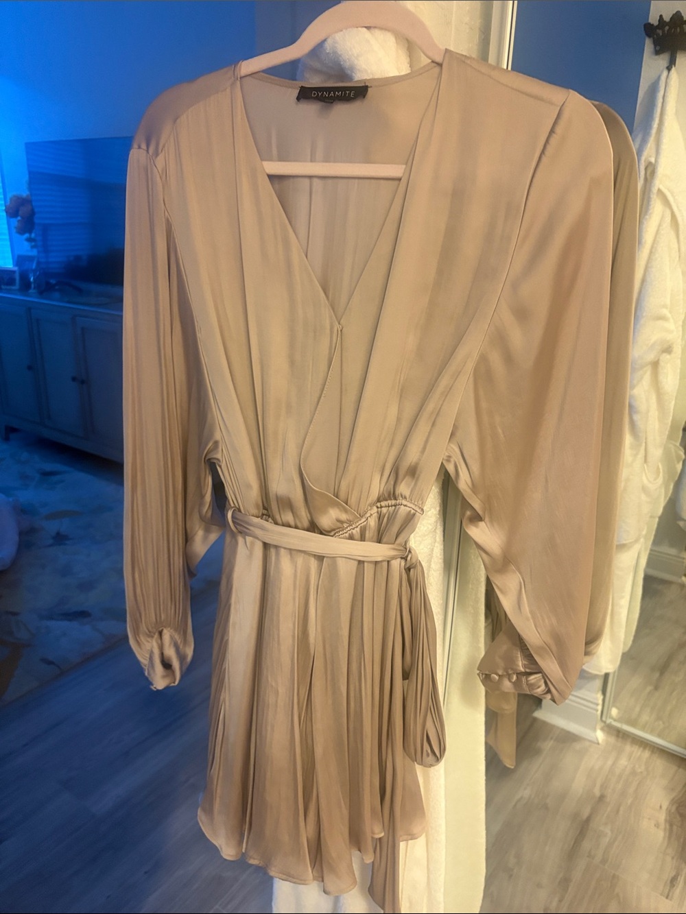 Dynamite Satin Wrap Mini shorts Dress in Beige